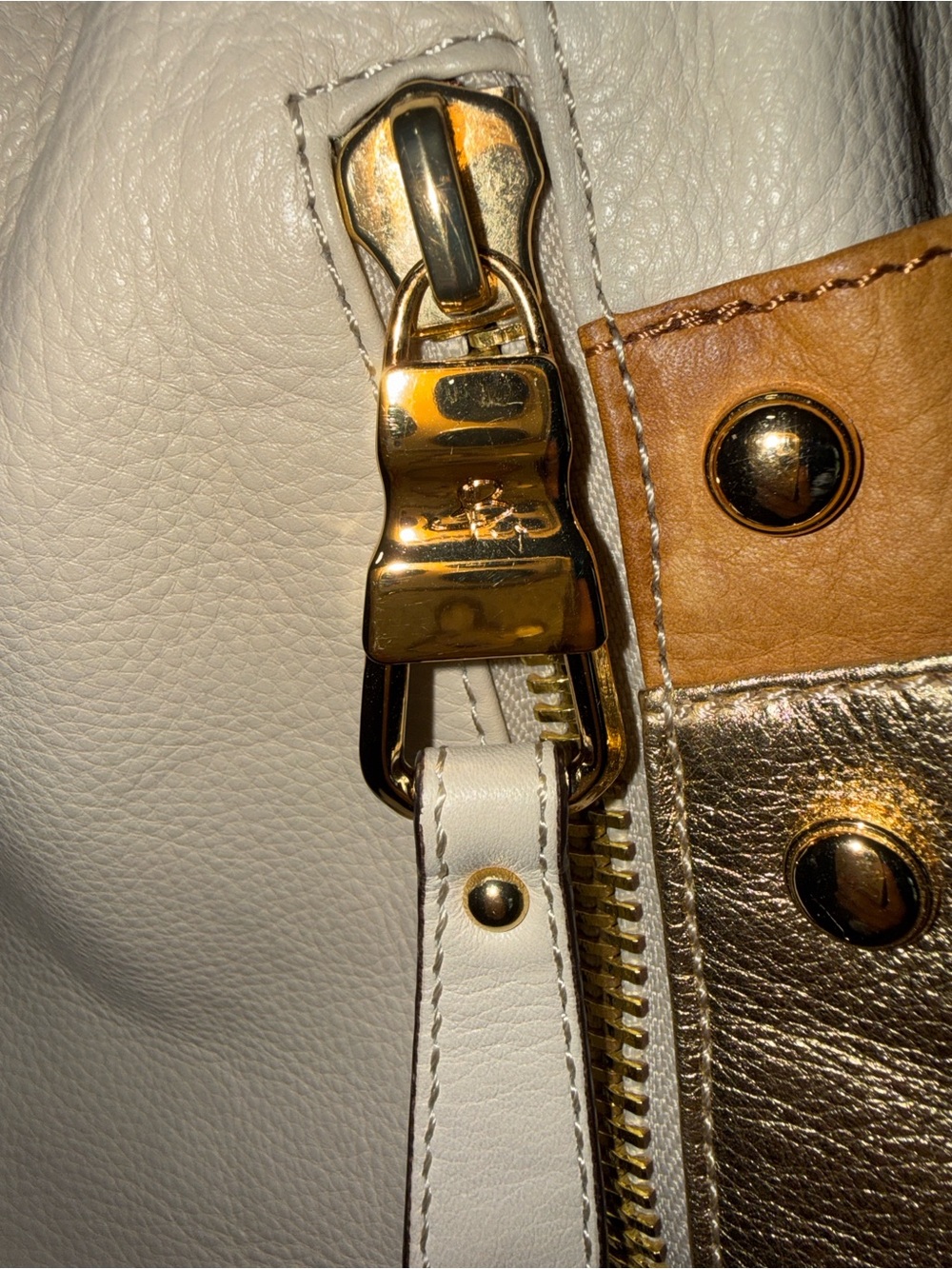 b. makowsky Cream Leather Shoulder Bag with Gold & Tan Accents - Picture 2 of 5